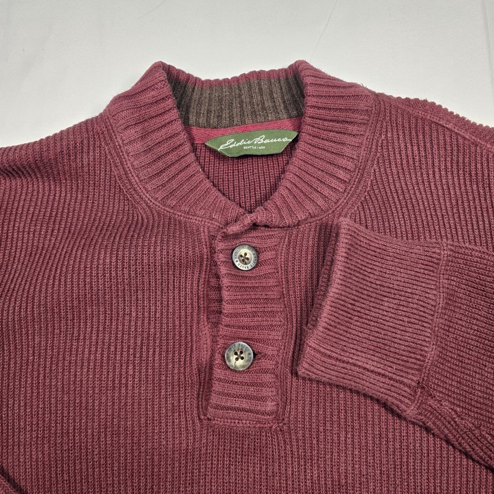 Y2K Eddie Bauer Mens LT Maroon Ribbed Cotton Henley Mock Neck‎ Sweater Tall